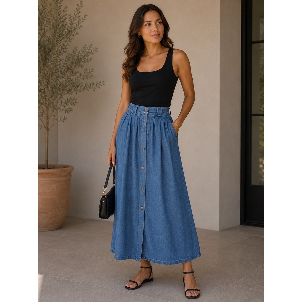 Vintage Charter Club Denim Maxi Skirt Blue Pleated Button Front Cotton Sze 4 Y2K - Picture 2 of 11